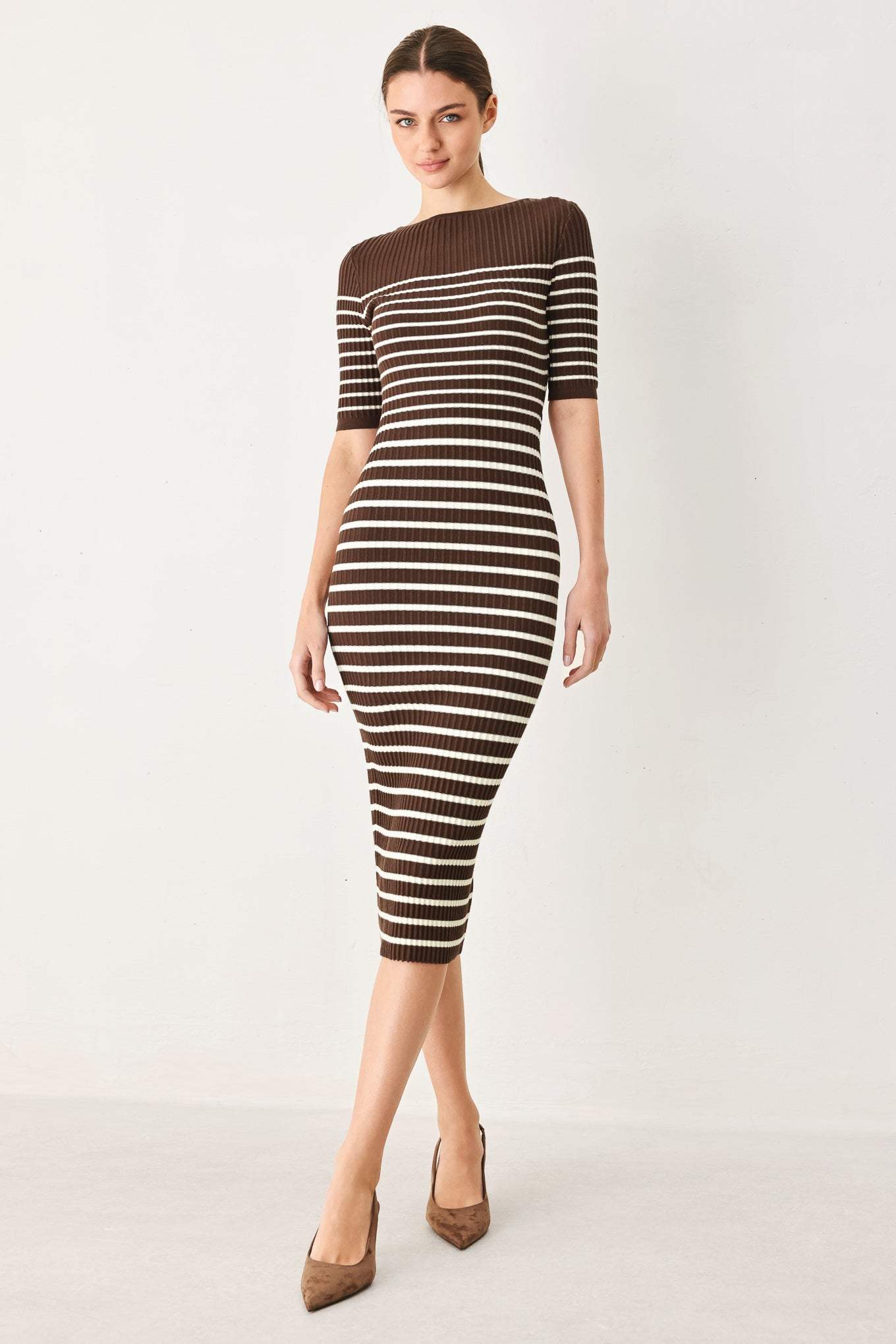 TRENDY CHOCOLATE STRIPE SWEATER MIDI DRESS