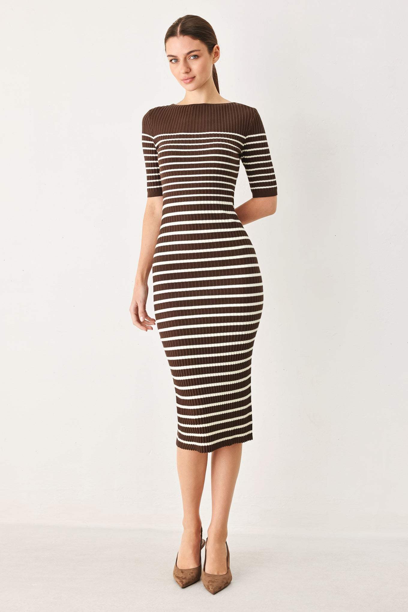 TRENDY CHOCOLATE STRIPE SWEATER MIDI DRESS