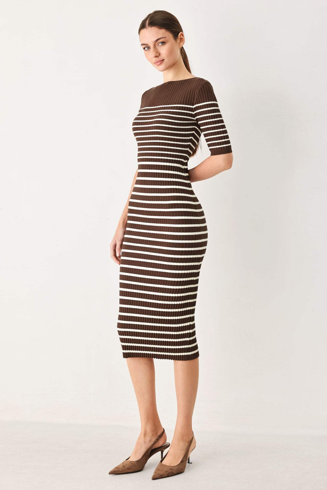 TRENDY CHOCOLATE STRIPE SWEATER MIDI DRESS