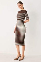 TRENDY CHOCOLATE STRIPE SWEATER MIDI DRESS