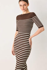TRENDY CHOCOLATE STRIPE SWEATER MIDI DRESS