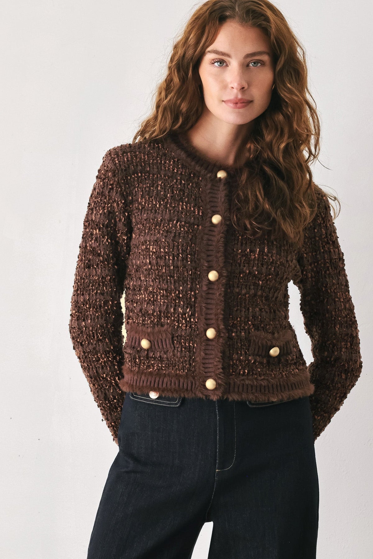 GEMSTONE GLOW BROWN JEWEL-BUTTON CROPPED CARDIGAN - Flying Tomato - Flyclothing LLC