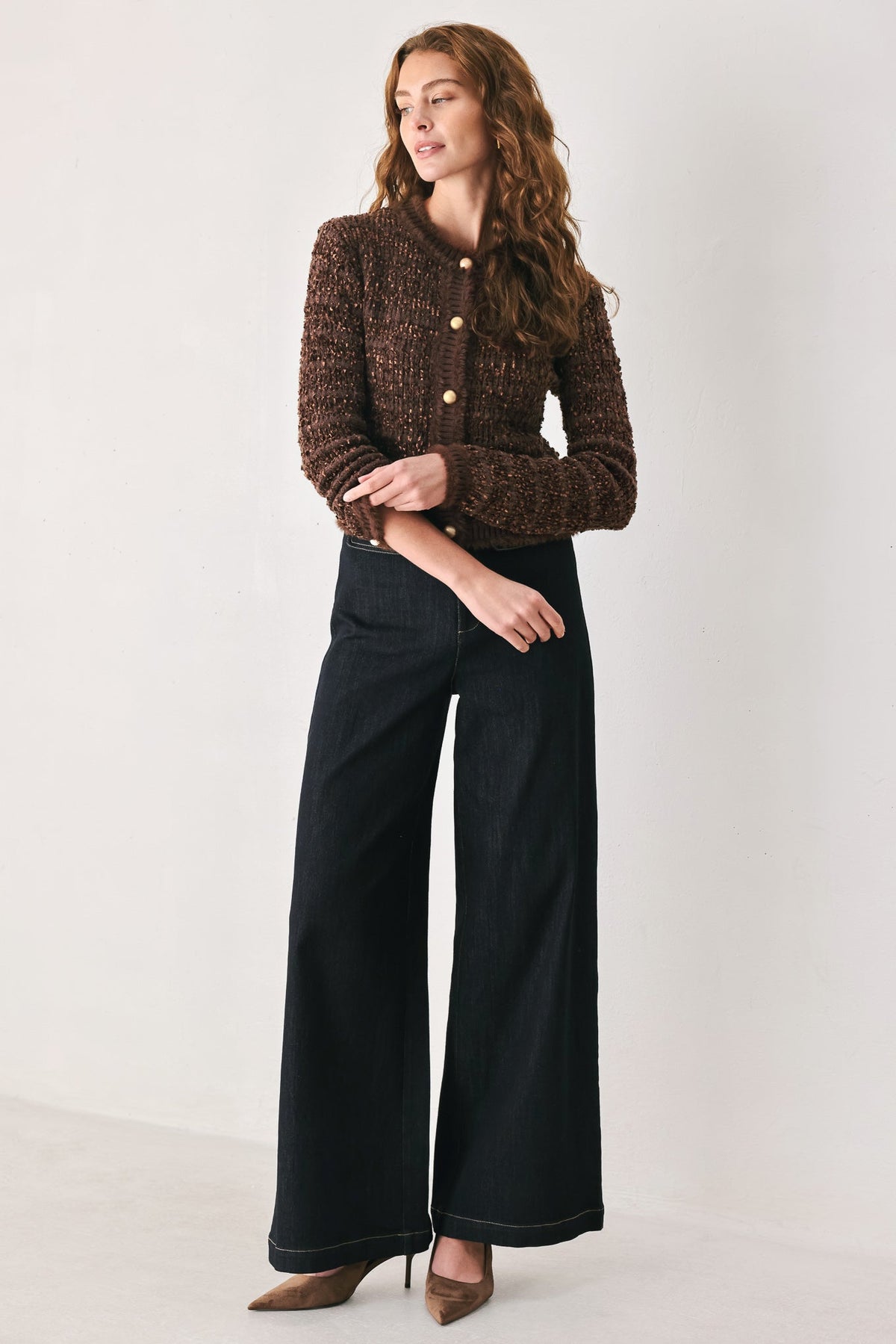GEMSTONE GLOW BROWN JEWEL-BUTTON CROPPED CARDIGAN - Flying Tomato - Flyclothing LLC