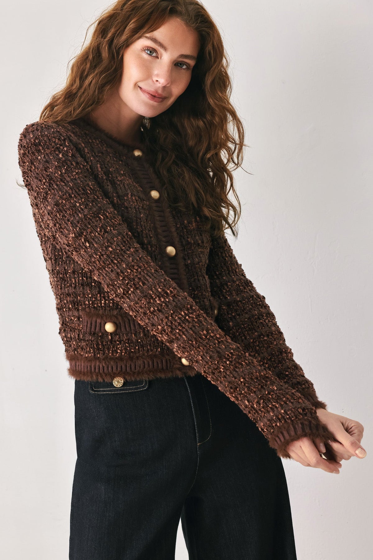 GEMSTONE GLOW BROWN JEWEL-BUTTON CROPPED CARDIGAN - Flying Tomato - Flyclothing LLC
