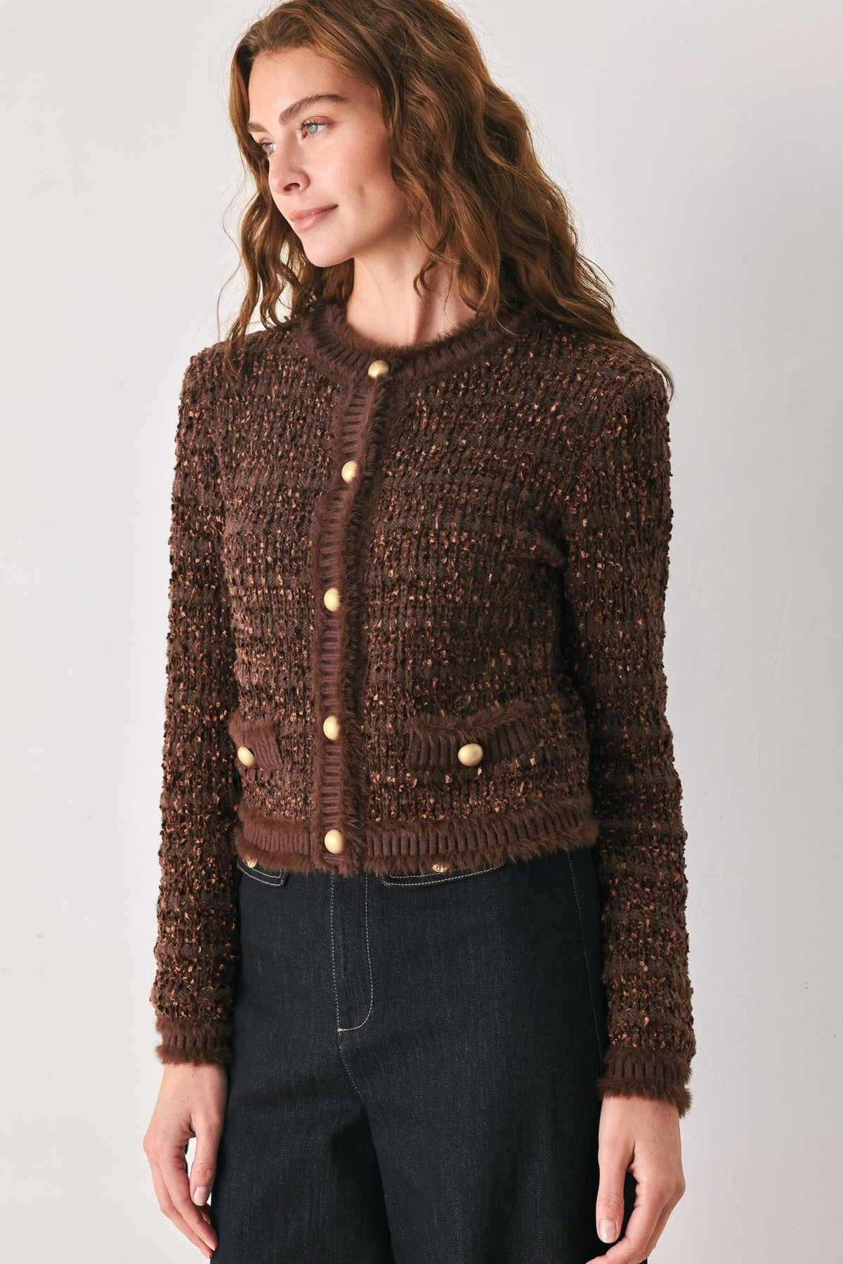 GEMSTONE GLOW BROWN JEWEL-BUTTON CROPPED CARDIGAN - Flying Tomato - Flyclothing LLC
