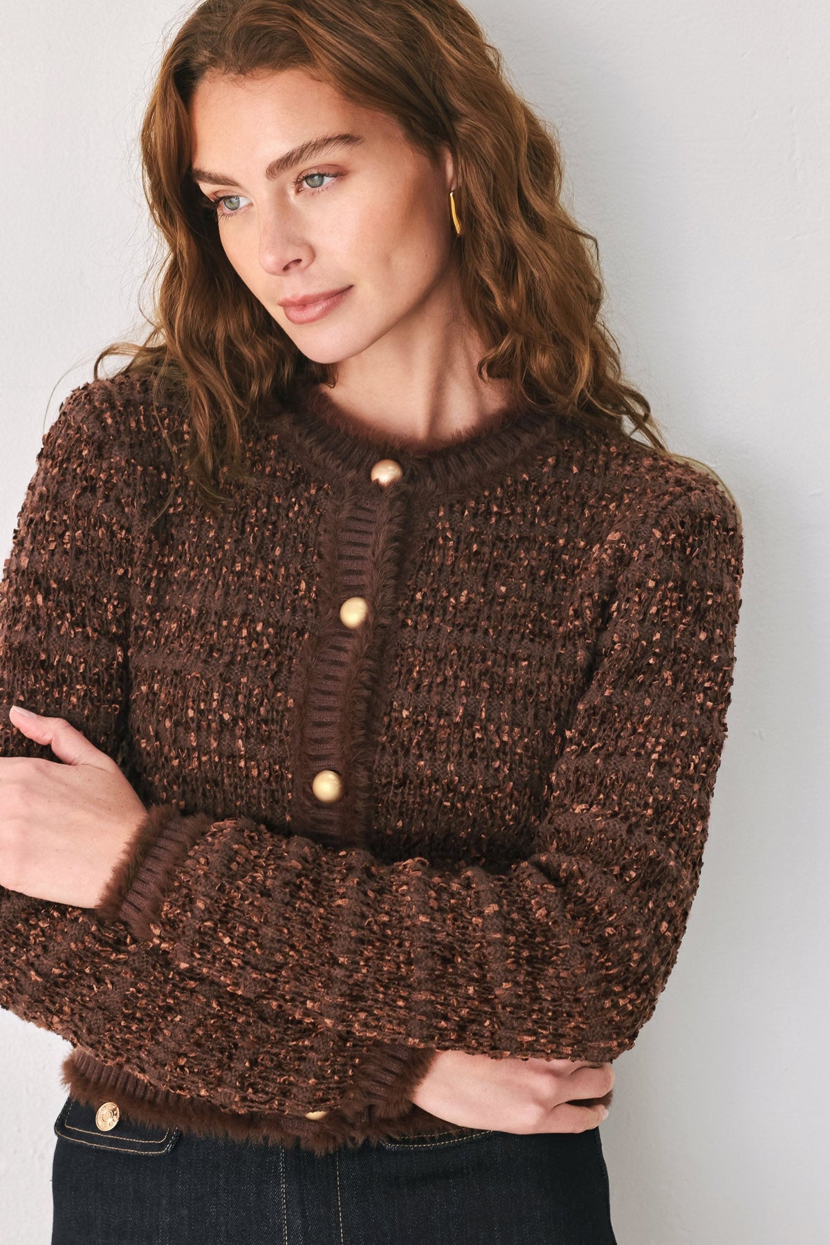 GEMSTONE GLOW BROWN JEWEL-BUTTON CROPPED CARDIGAN - Flying Tomato - Flyclothing LLC