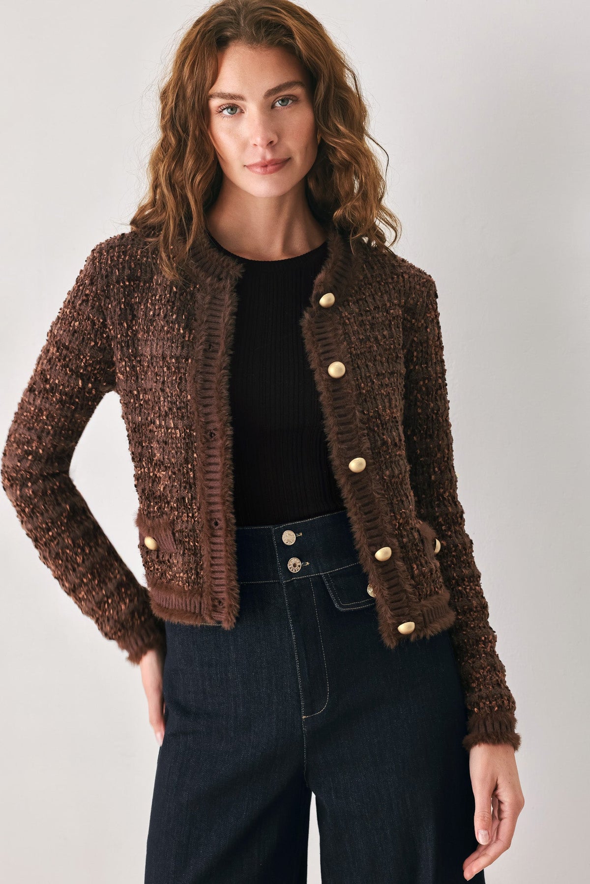 GEMSTONE GLOW BROWN JEWEL-BUTTON CROPPED CARDIGAN - Flying Tomato - Flyclothing LLC