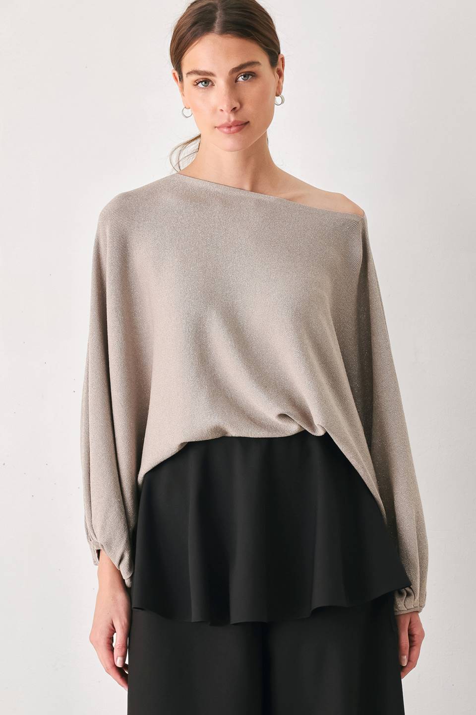 TAUPE SHIMMER METALLIC TAUPE BATWING SWEATER TOP - Flying Tomato - Flyclothing LLC