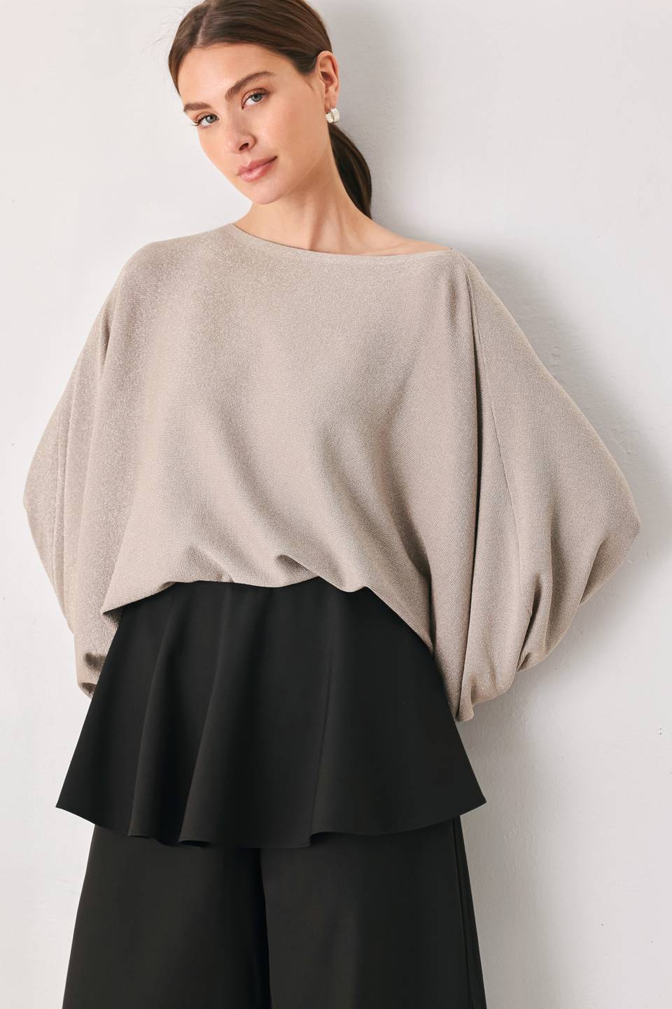 TAUPE SHIMMER METALLIC TAUPE BATWING SWEATER TOP - Flying Tomato - Flyclothing LLC