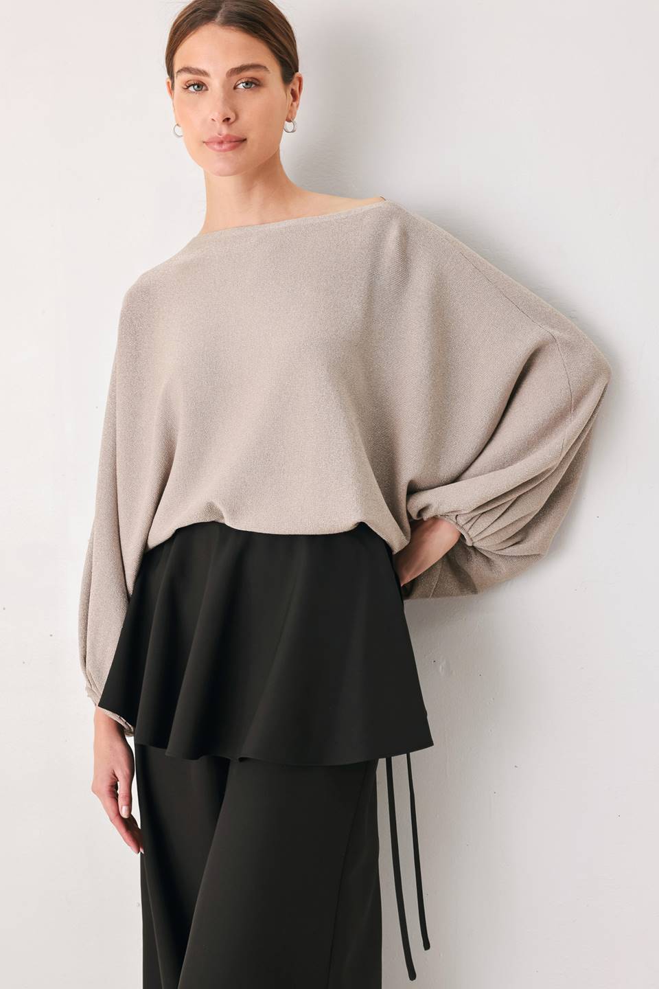 TAUPE SHIMMER METALLIC TAUPE BATWING SWEATER TOP - Flying Tomato - Flyclothing LLC