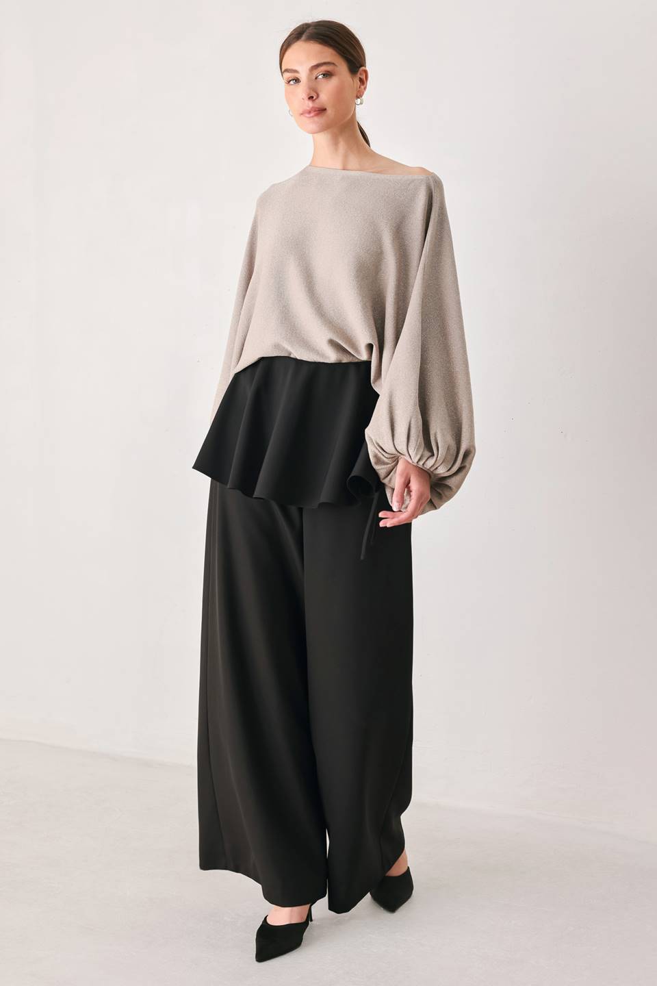 TAUPE SHIMMER METALLIC TAUPE BATWING SWEATER TOP - Flying Tomato - Flyclothing LLC