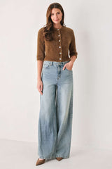 CAMEL CLASSIC CAMEL/OFF WHITE ELBOW-SLEEVE CARDIGAN - Flying Tomato - Flyclothing LLC