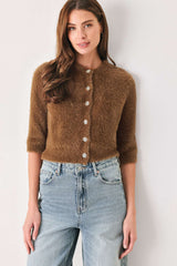 CAMEL CLASSIC CAMEL/OFF WHITE ELBOW-SLEEVE CARDIGAN - Flying Tomato - Flyclothing LLC