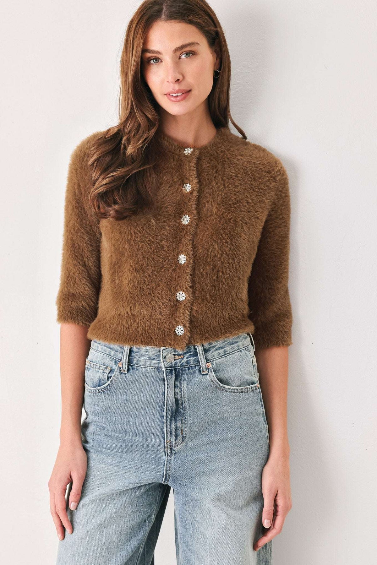 CAMEL CLASSIC CAMEL/OFF WHITE ELBOW-SLEEVE CARDIGAN - Flying Tomato - Flyclothing LLC