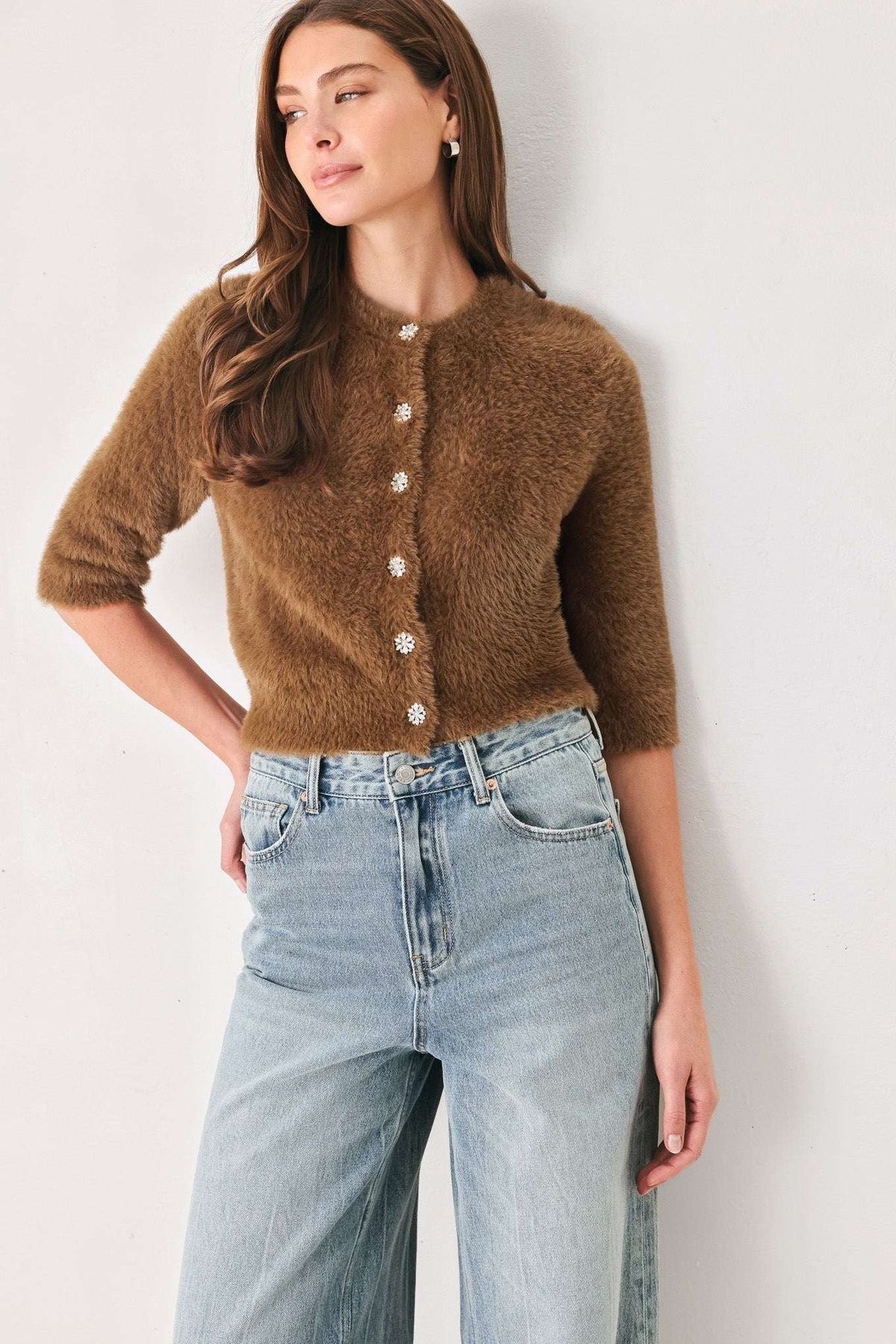 CAMEL CLASSIC CAMEL/OFF WHITE ELBOW-SLEEVE CARDIGAN - Flying Tomato - Flyclothing LLC