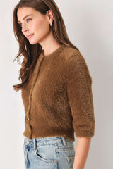 CAMEL CLASSIC CAMEL/OFF WHITE ELBOW-SLEEVE CARDIGAN - Flying Tomato - Flyclothing LLC