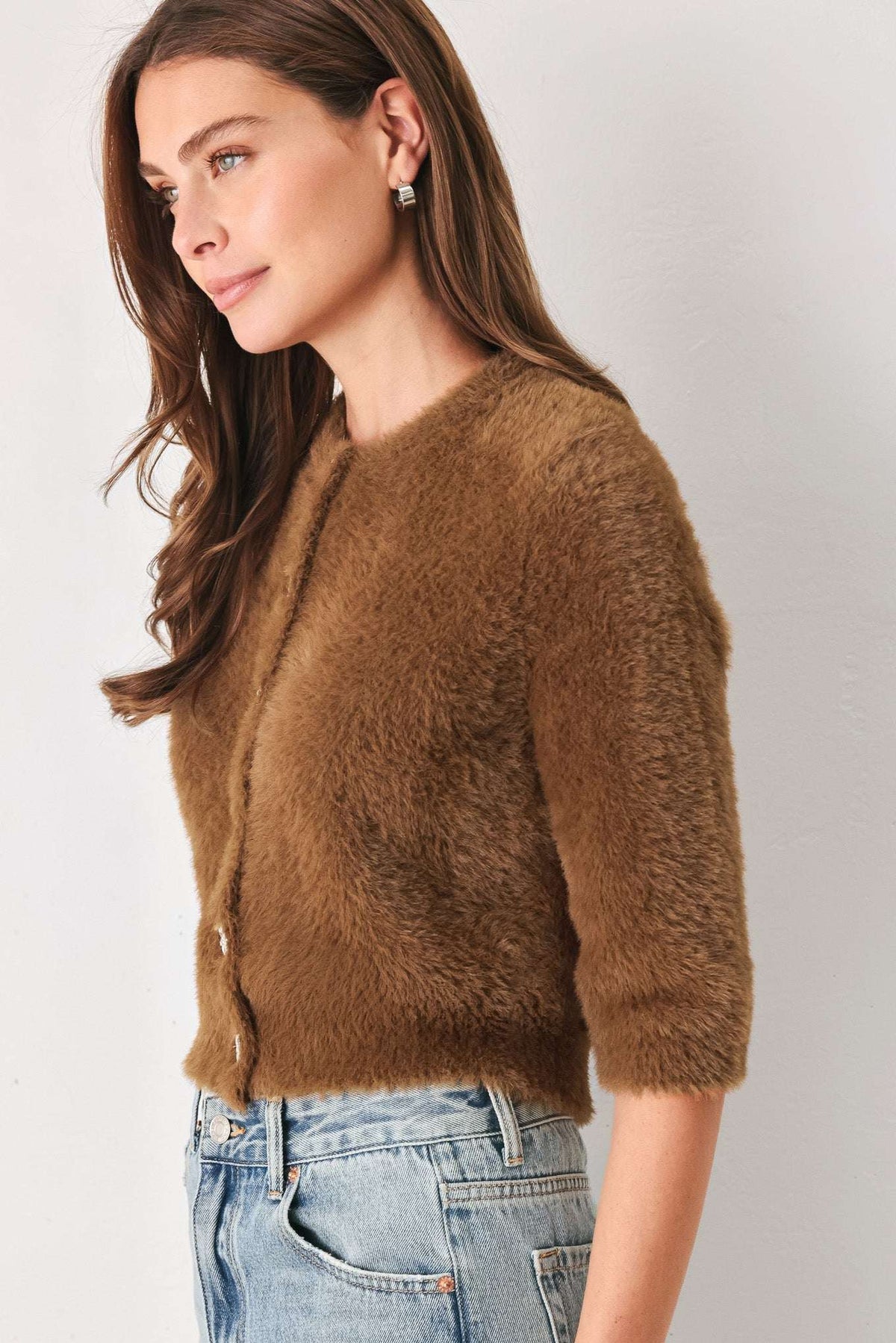 CAMEL CLASSIC CAMEL/OFF WHITE ELBOW-SLEEVE CARDIGAN - Flying Tomato - Flyclothing LLC
