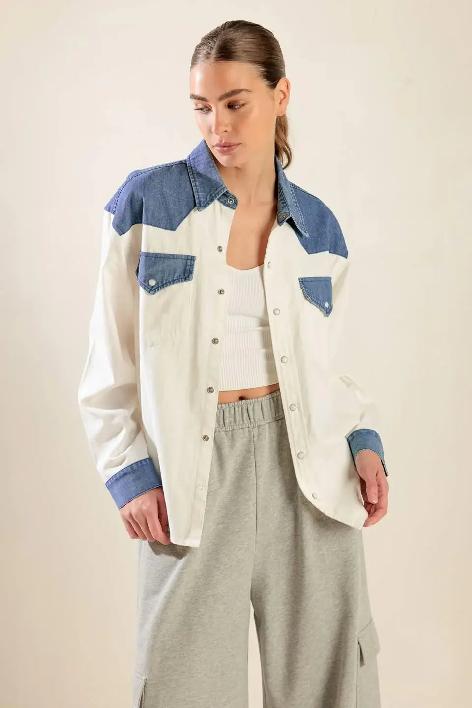 KEEP IT GOING WOVEN AND DENIM SHIRT - Flying Tomato - Flyclothing LLC