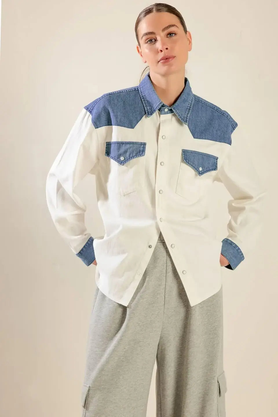KEEP IT GOING WOVEN AND DENIM SHIRT - Flying Tomato - Flyclothing LLC