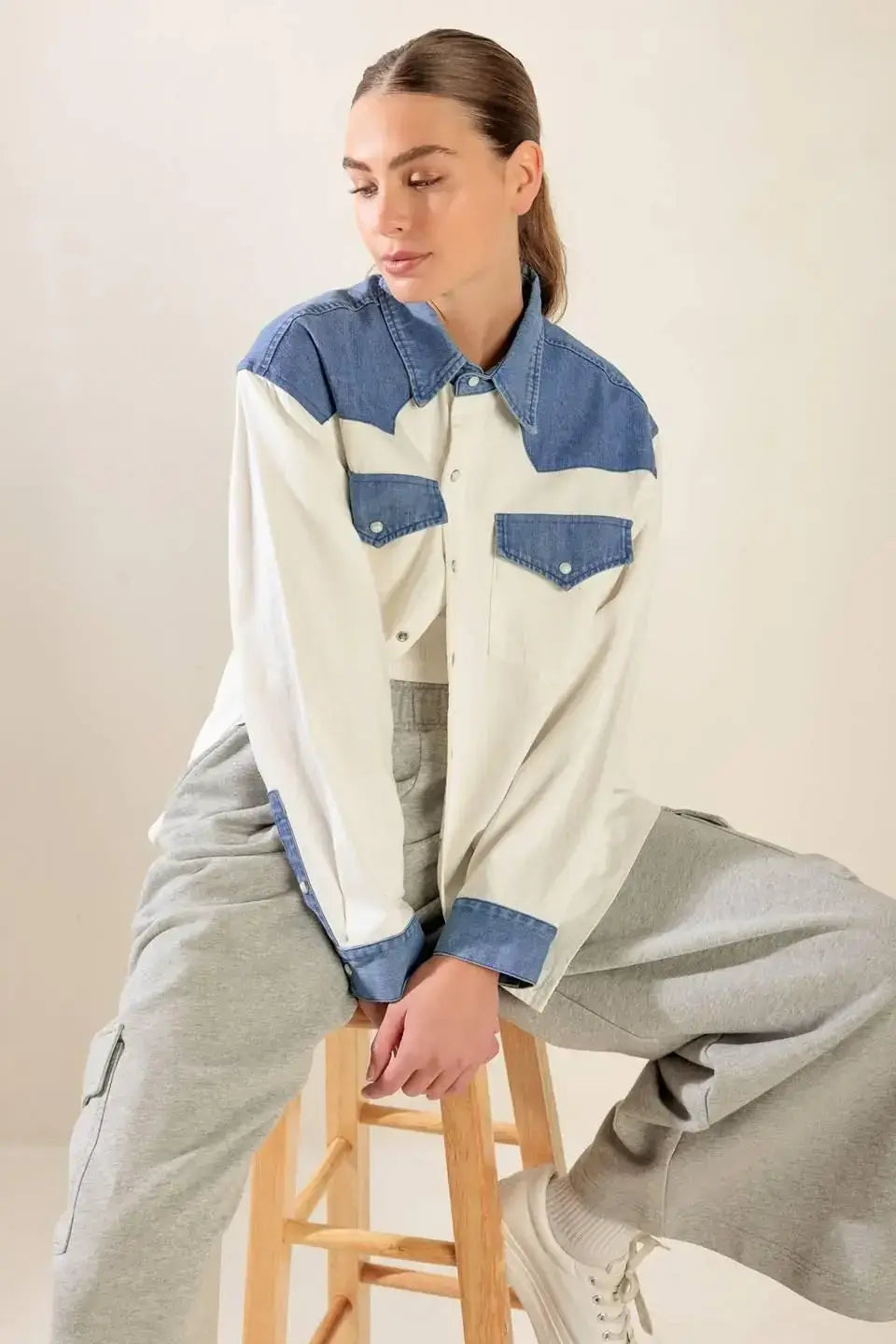 KEEP IT GOING WOVEN AND DENIM SHIRT - Flying Tomato - Flyclothing LLC