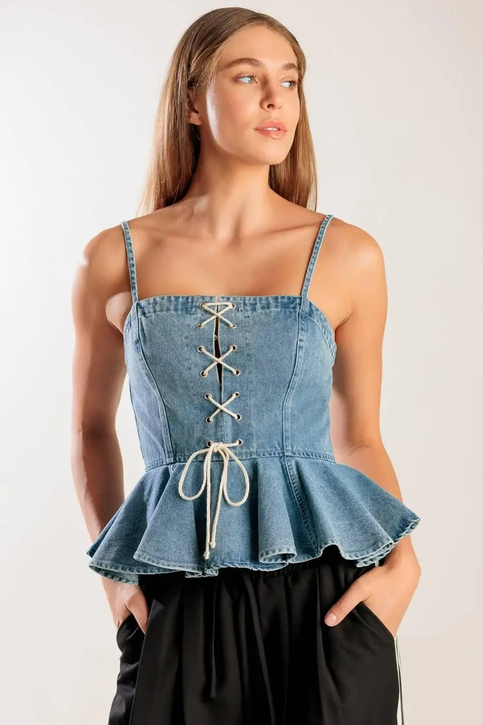 GRAND ENTRANCE INDIGO DENIM TOP - Flying Tomato - Flyclothing LLC