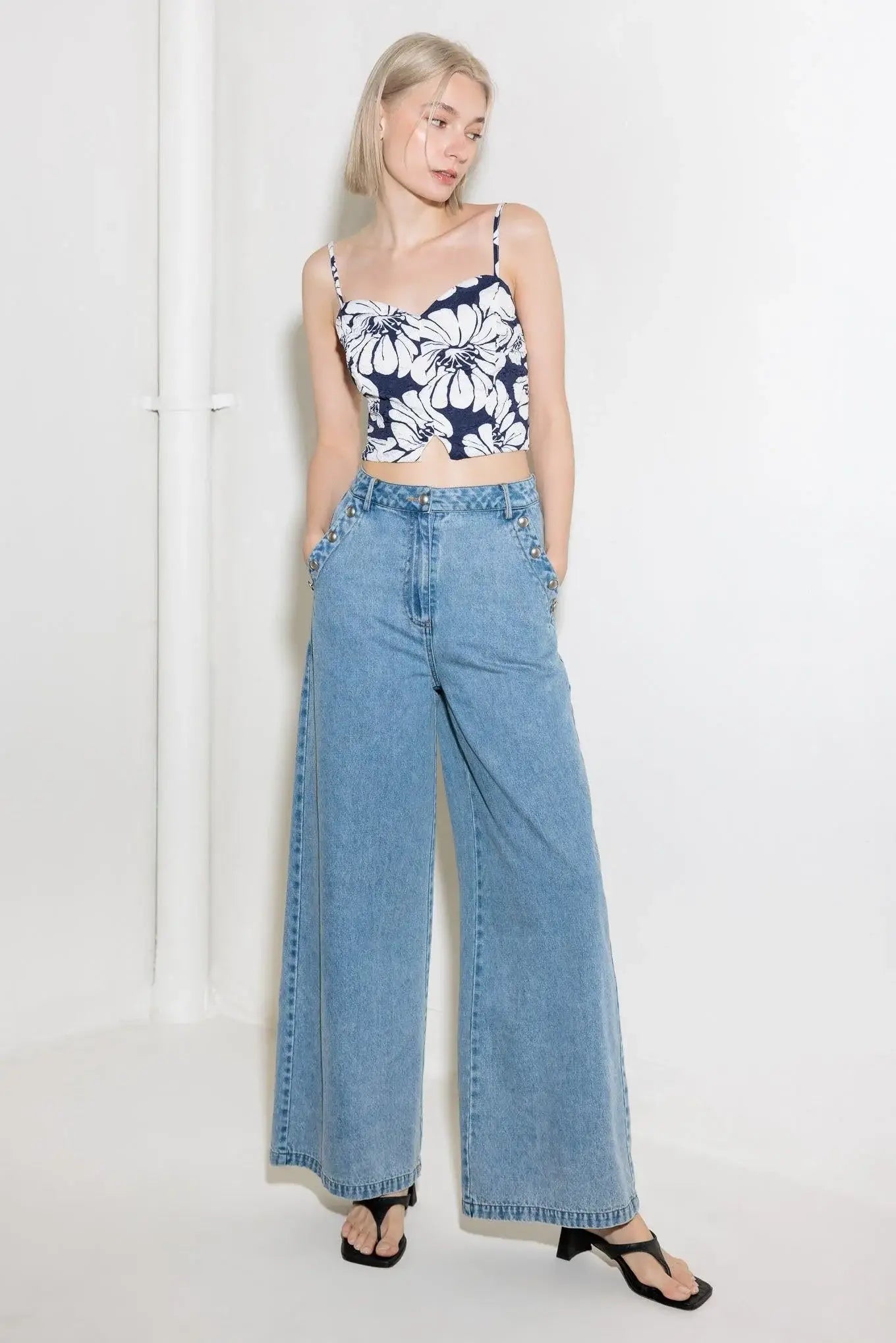 PLAIN OPTIMISM NAVY WOVEN CROP TOP - Flying Tomato - Flyclothing LLC