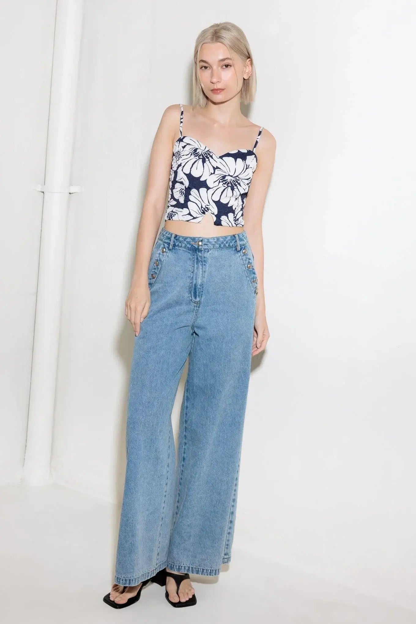 PLAIN OPTIMISM NAVY WOVEN CROP TOP - Flying Tomato - Flyclothing LLC
