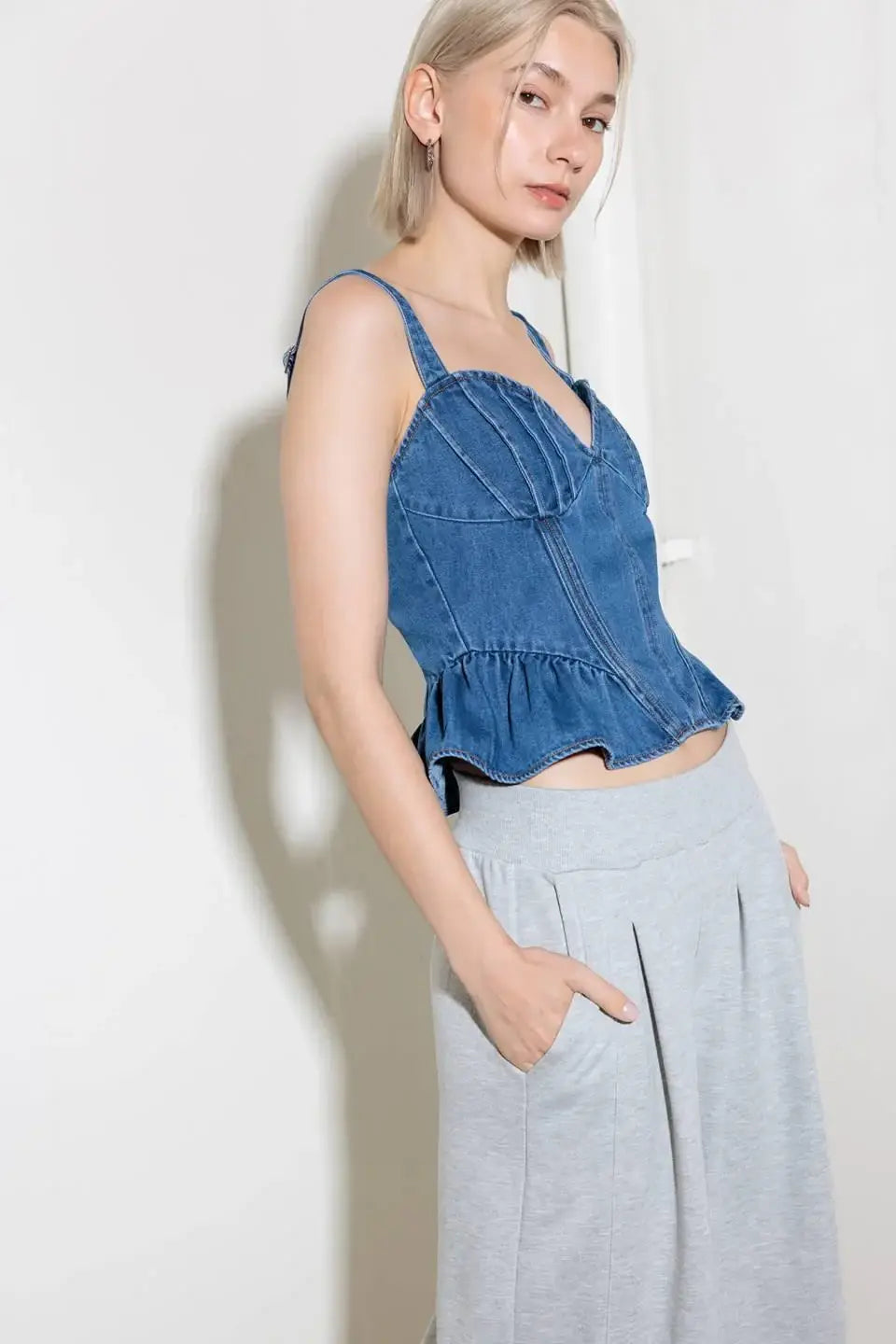 WHISPER SOFTLY BLUE DENIM TOP - Flying Tomato - Flyclothing LLC