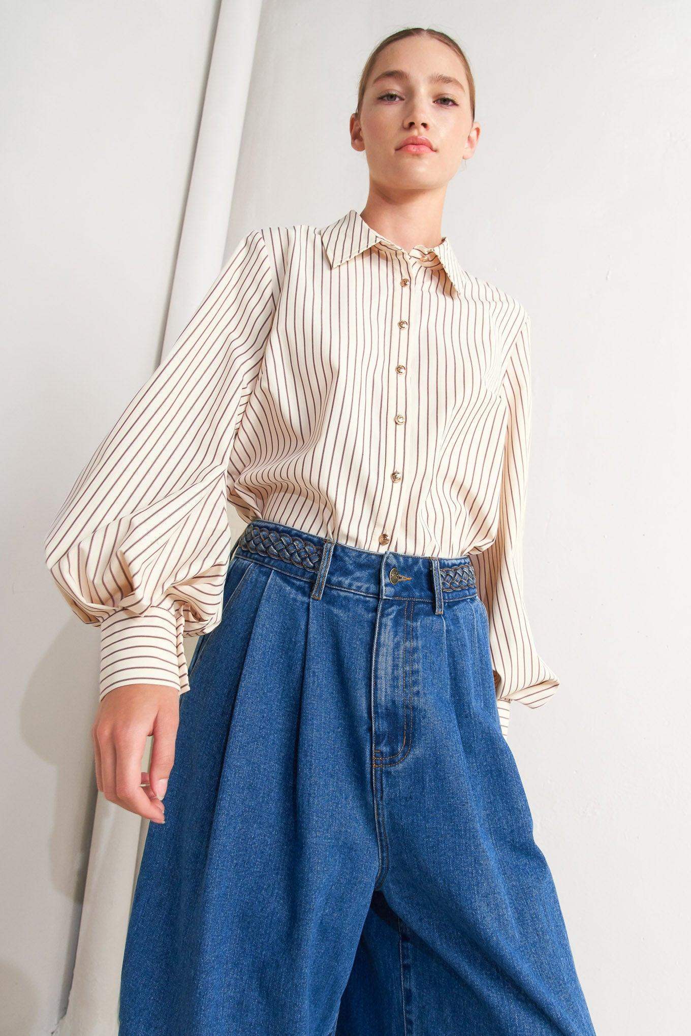 PINSTRIPE CHIC WOVEN TOP - Flying Tomato - Flyclothing LLC