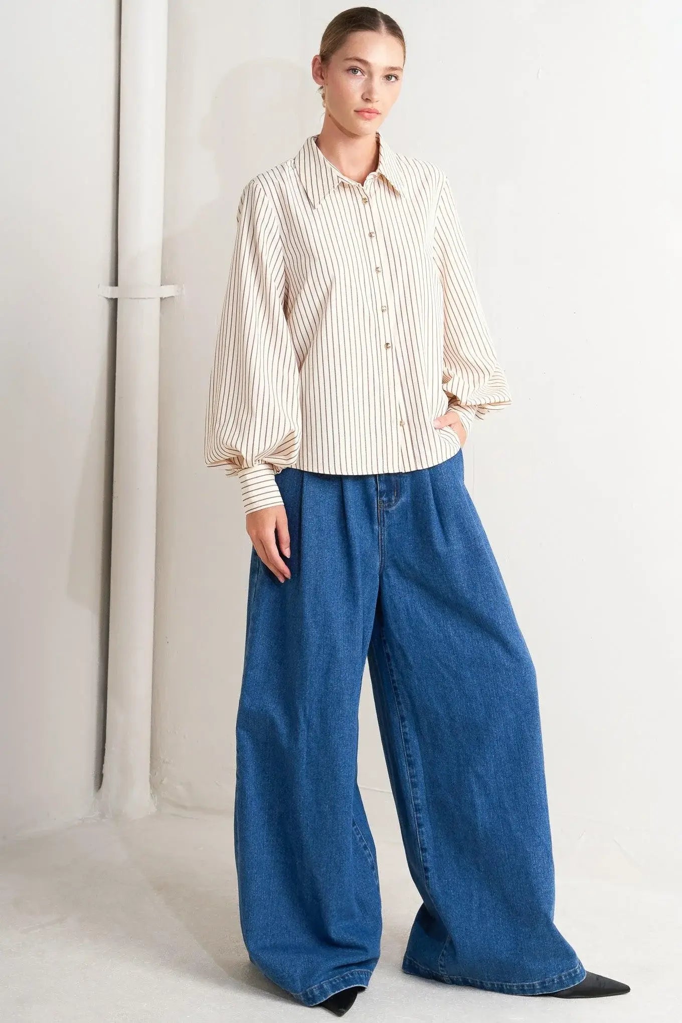 PINSTRIPE CHIC WOVEN TOP - Flying Tomato - Flyclothing LLC