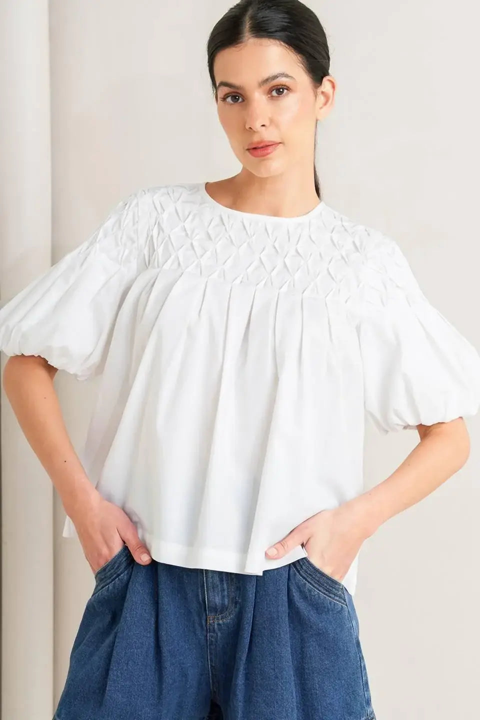 WHITE DREAM PUFF WOVEN TOP - Flying Tomato - Flyclothing LLC