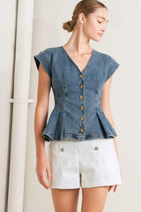 NO SECOND THOUGHT WASHED DENIM TOP - Flying Tomato - Flyclothing LLC