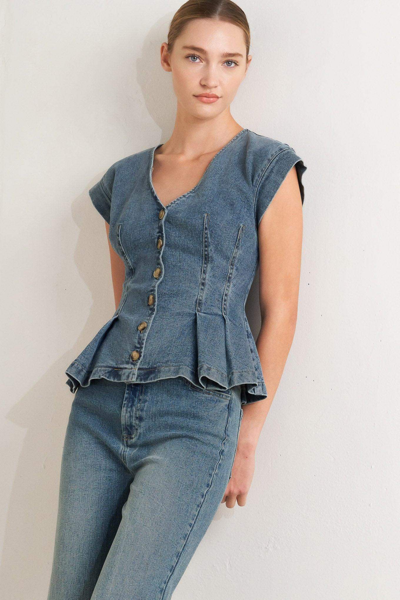 NO SECOND THOUGHT WASHED DENIM TOP - Flying Tomato - Flyclothing LLC