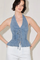RETRO RISE HALTER DENIM TOP - Flying Tomato - Flyclothing LLC