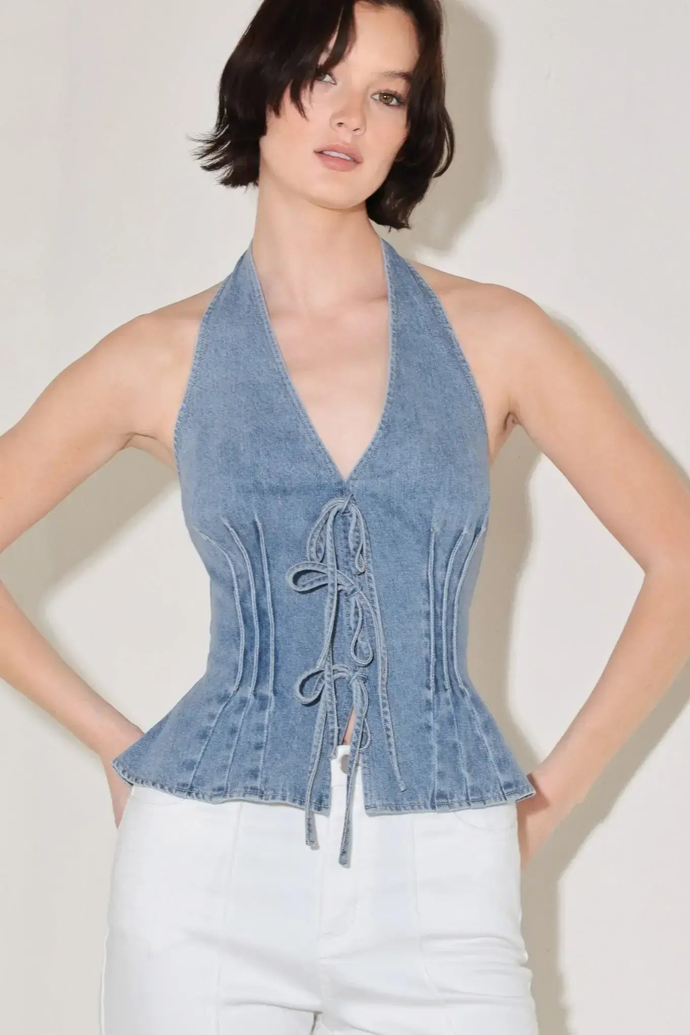 RETRO RISE HALTER DENIM TOP - Flying Tomato - Flyclothing LLC