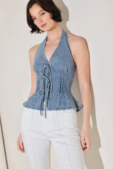 RETRO RISE HALTER DENIM TOP - Flying Tomato - Flyclothing LLC