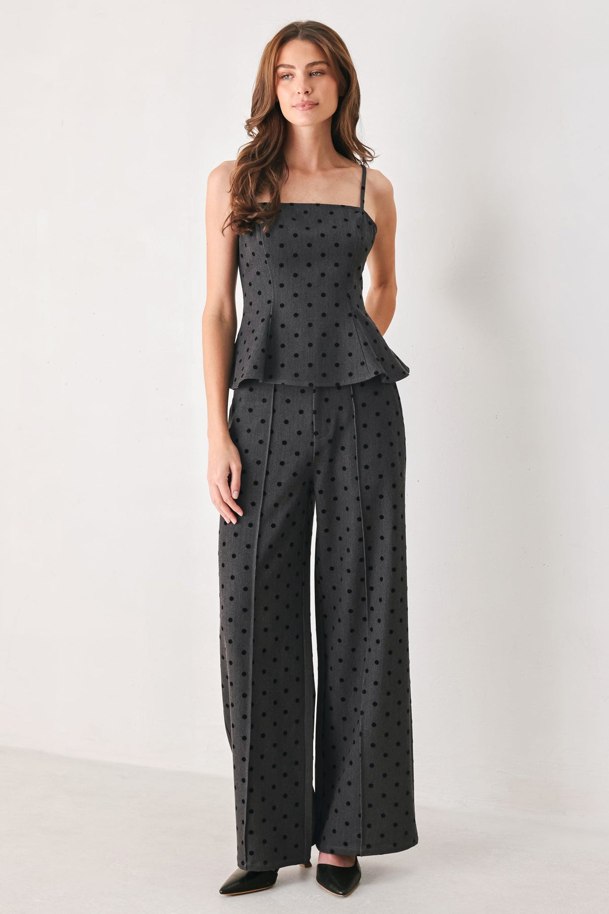 CHARCOAL DOT CHARCOAL PEPLUM TOP - Flying Tomato - Flyclothing LLC
