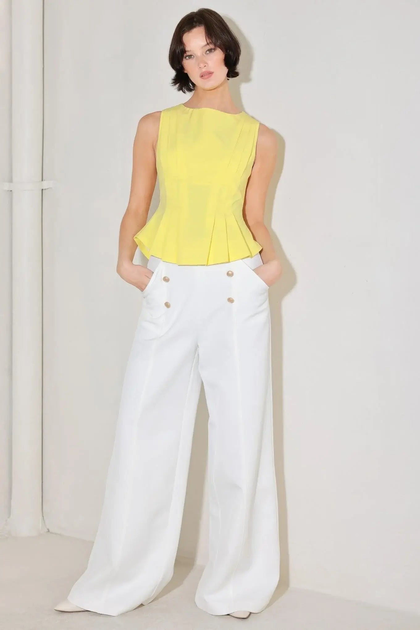 MODERN SHAPE YELLOW WOVEN TOP - Flying Tomato - Flyclothing LLC