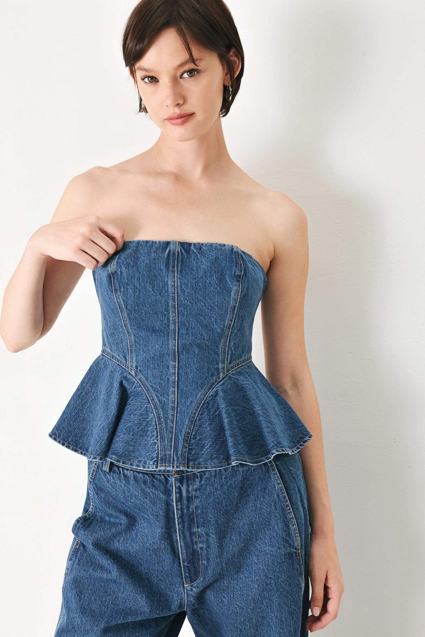 BLUE BLOSSOM BUSTIER DENIM TOP - Flying Tomato - Flyclothing LLC