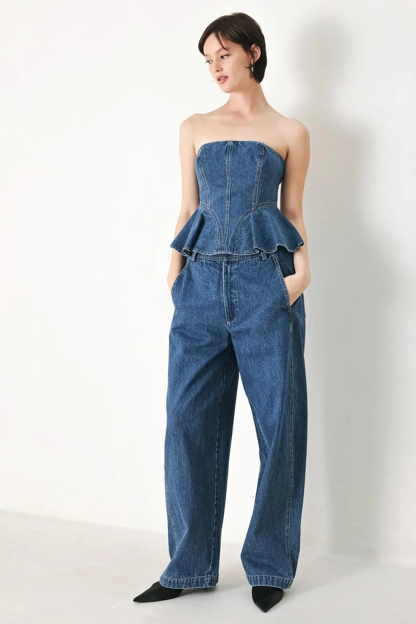 BLUE BLOSSOM BUSTIER DENIM TOP - Flying Tomato - Flyclothing LLC