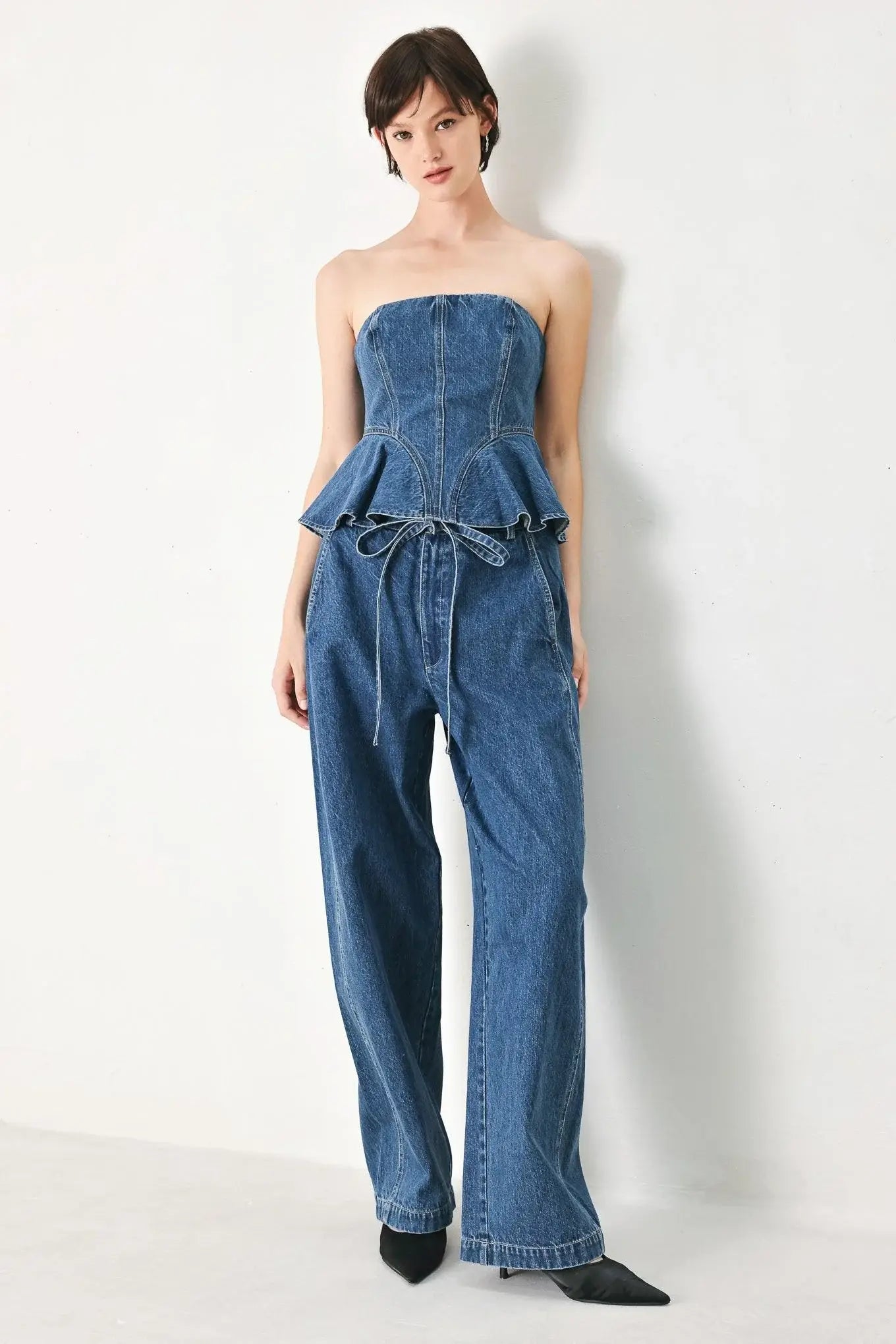 BLUE BLOSSOM BUSTIER DENIM TOP - Flying Tomato - Flyclothing LLC