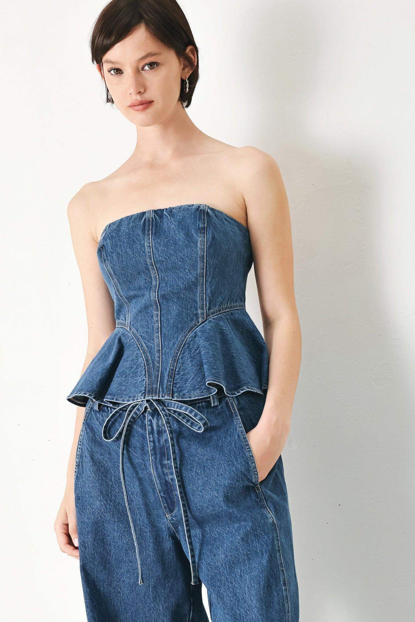 BLUE BLOSSOM BUSTIER DENIM TOP - Flying Tomato - Flyclothing LLC