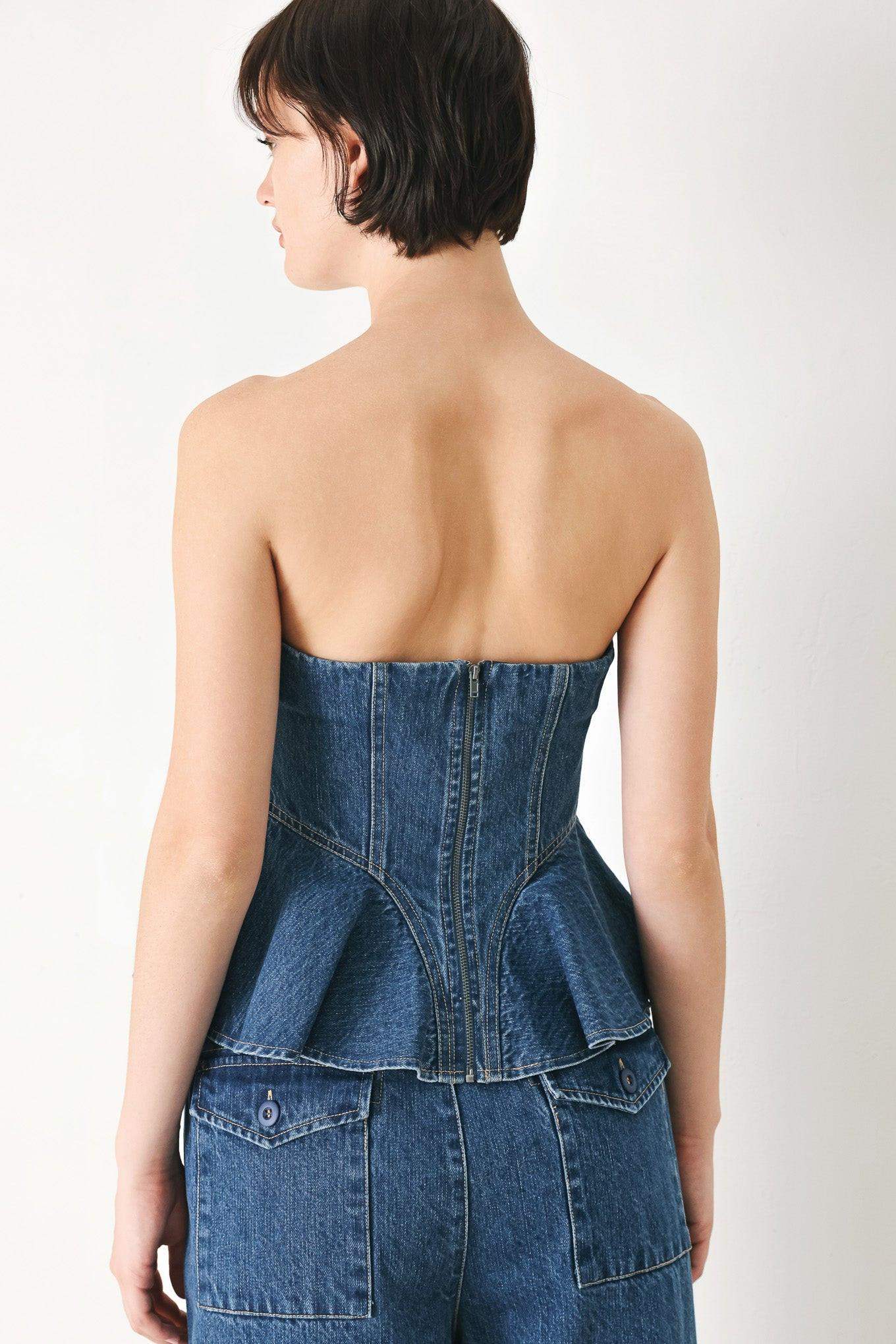 BLUE BLOSSOM BUSTIER DENIM TOP - Flying Tomato - Flyclothing LLC