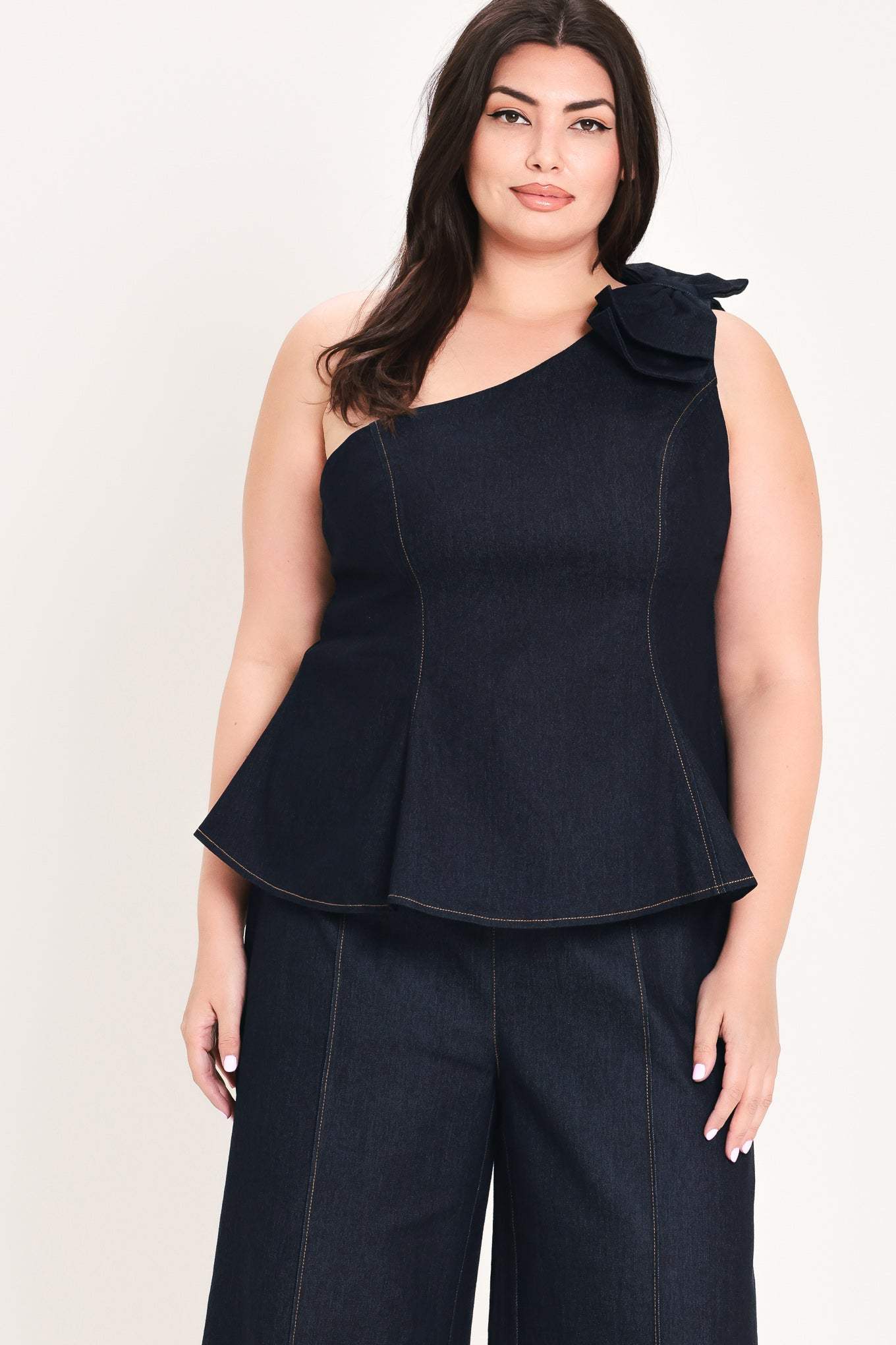 INDIGO BOW ONE SHOULDER DENIM TOP - Flying Tomato - Flyclothing LLC