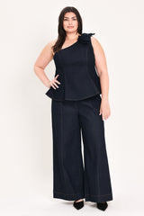 INDIGO BOW ONE SHOULDER DENIM TOP