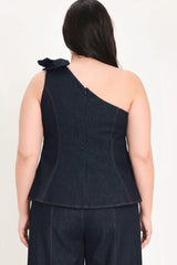 INDIGO BOW ONE SHOULDER DENIM TOP - Flying Tomato - Flyclothing LLC