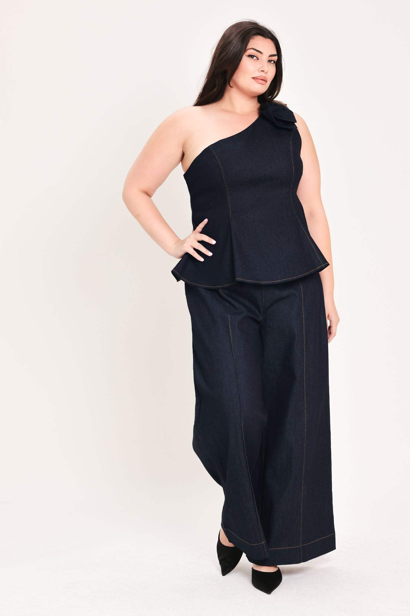 INDIGO BOW ONE SHOULDER DENIM TOP - Flying Tomato - Flyclothing LLC