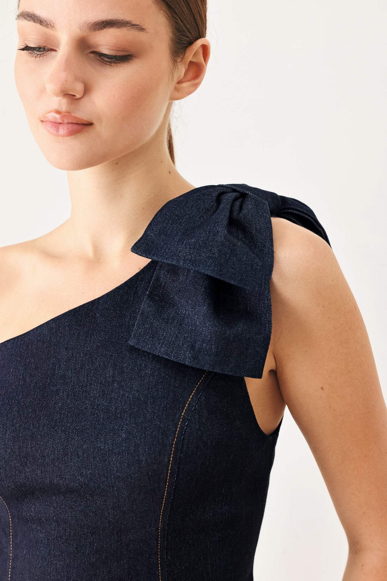 INDIGO BOW ONE SHOULDER DENIM TOP - Flying Tomato - Flyclothing LLC