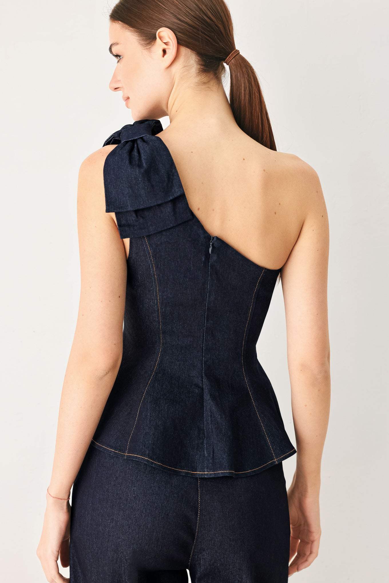 INDIGO BOW ONE SHOULDER DENIM TOP - Flying Tomato - Flyclothing LLC