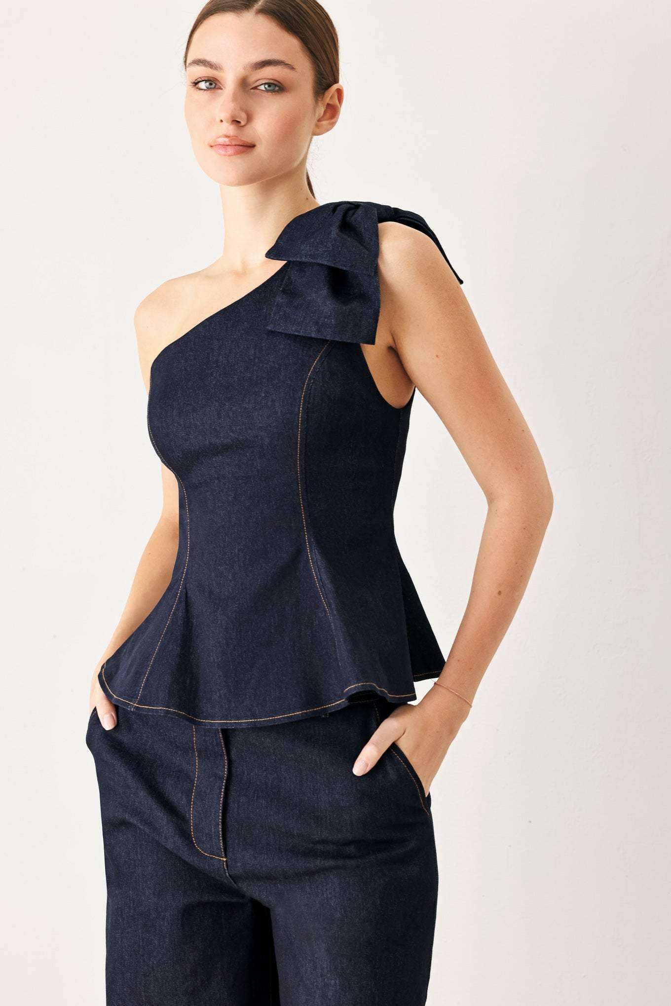 INDIGO BOW ONE SHOULDER DENIM TOP - Flying Tomato - Flyclothing LLC